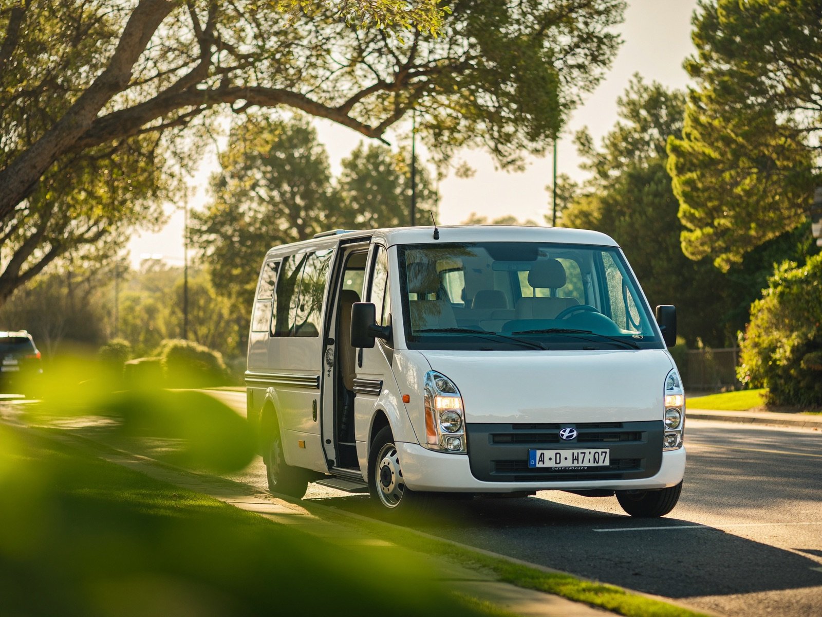 A Kids on the Move school shuttle waiting on a sunny suburban morning